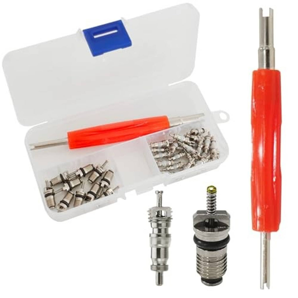 AC valve core removal kit with red handle tool, white storage case, and metal core parts