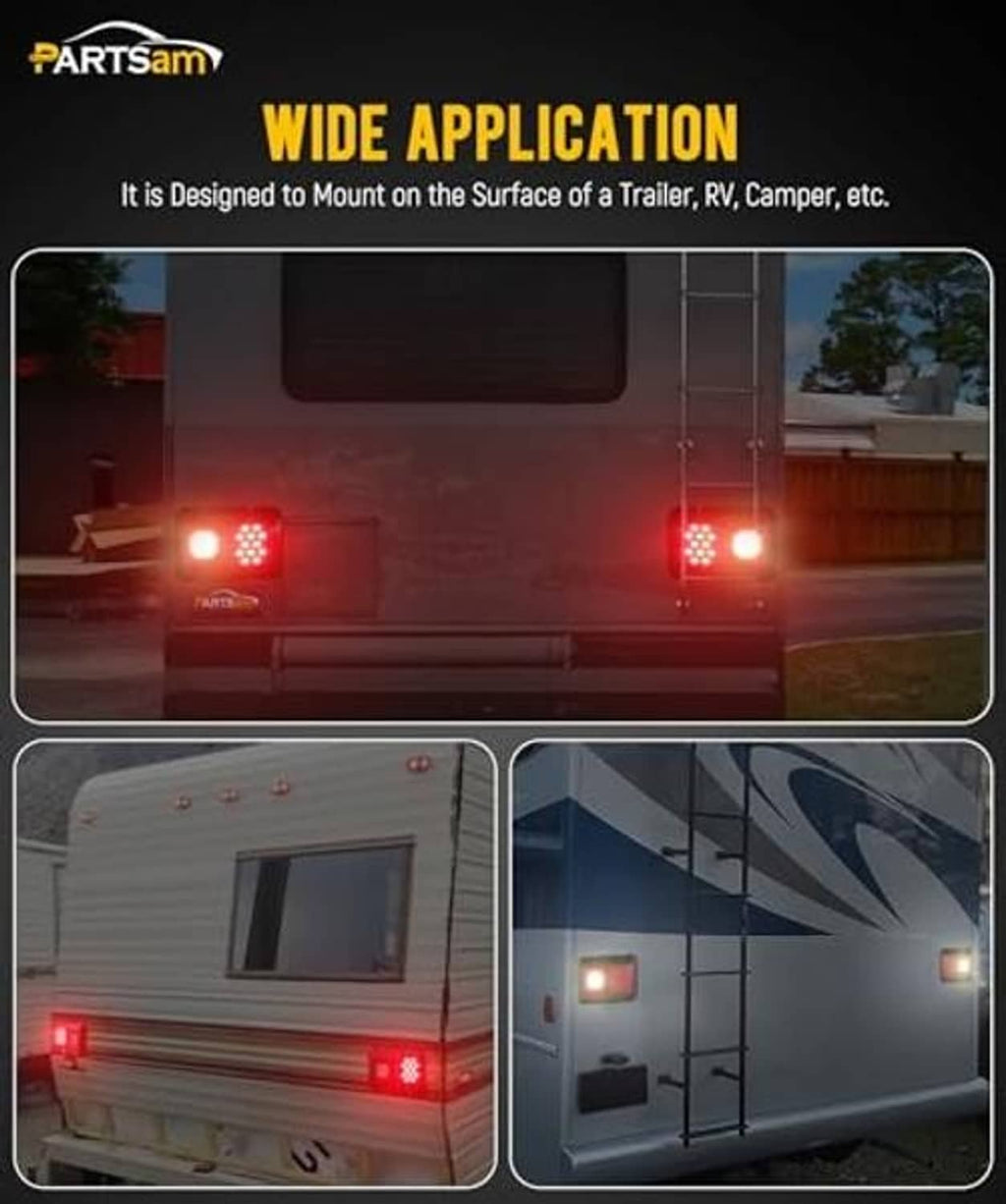 Red LED trailer tail lights mounted on RV or camper surfaces, wide application
