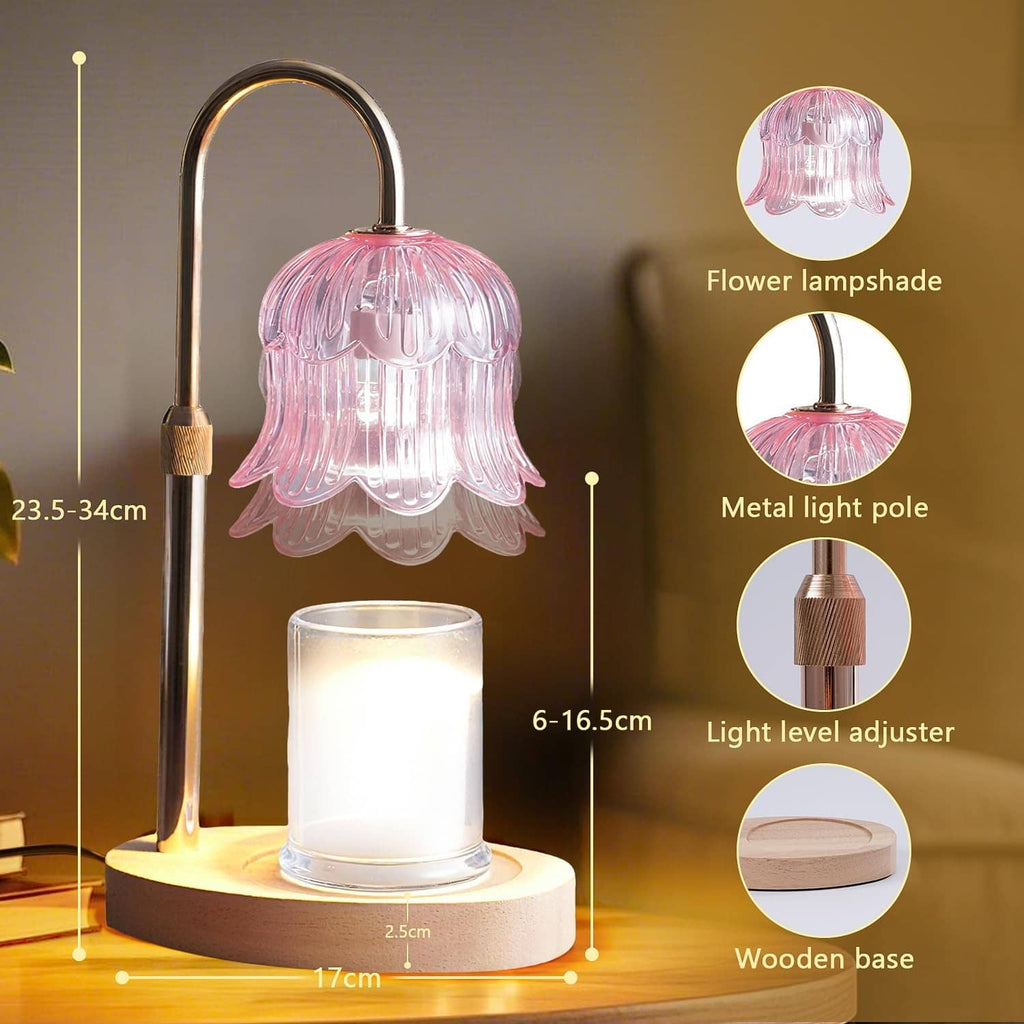 Pink flower candle warmer lamp with glass shade, arched metal pole, wooden base, and size guides