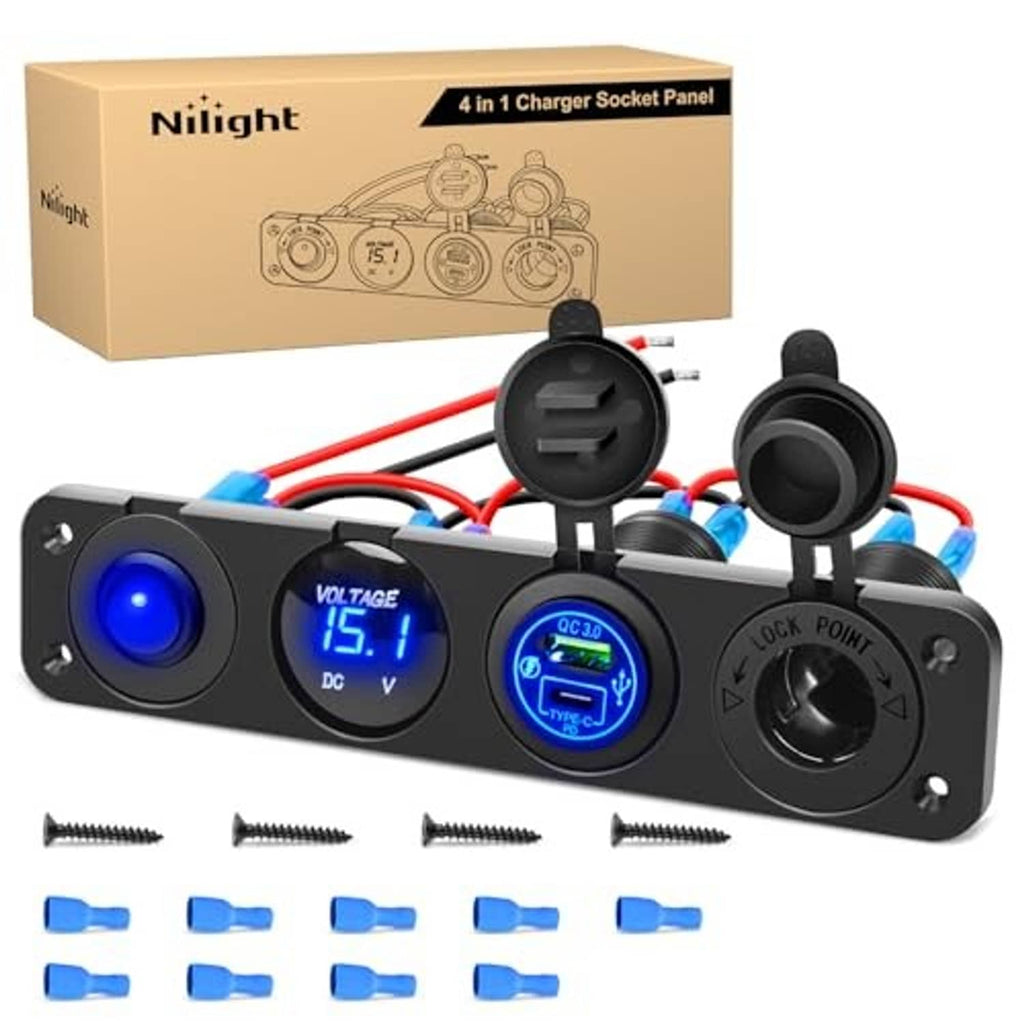 Car 4-in-1 charger socket panel with open cover, blue QC Type-C and USB charge ports