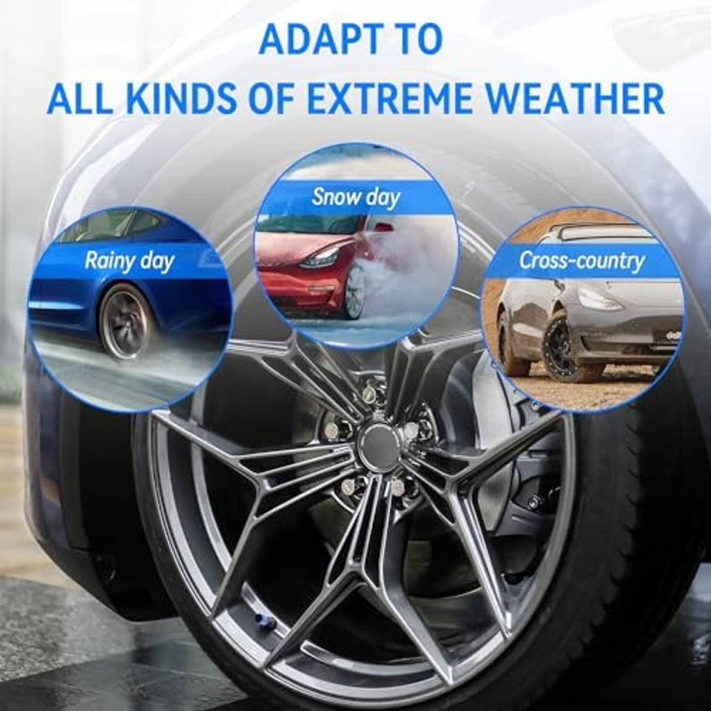 Blue aluminum valve stem caps mounted on a wheel for all-weather use