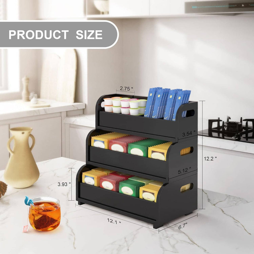 Black 3-tier stackable tea bag organizer with open shelves and side handholds