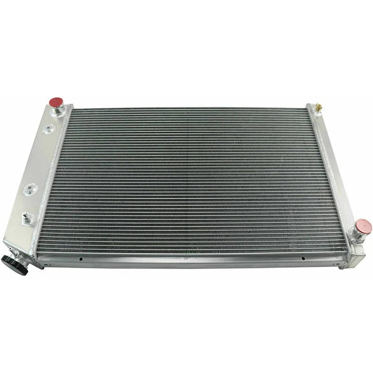 4-row radiator with silver core, angled end tanks and corner mounting hardware.