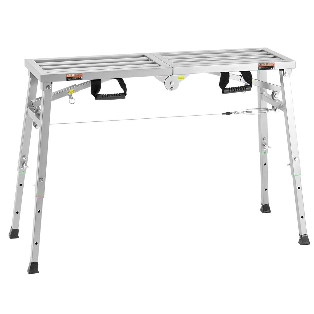 Adjustable height portable scaffolding platform, gray frame with adjustable legs