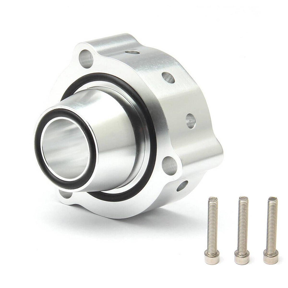 Stainless blow-off valve spacer with black rubber seal and flange bolt holes