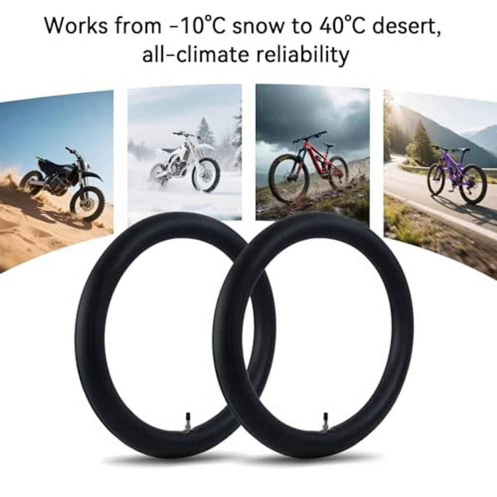 Two black inner tubes for dirt bike tires with valve stems