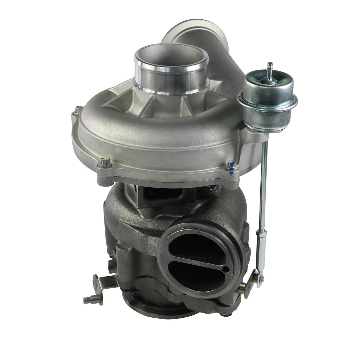 Turbocharger with circular intake and outlet openings, metal top housing, and actuator rod
