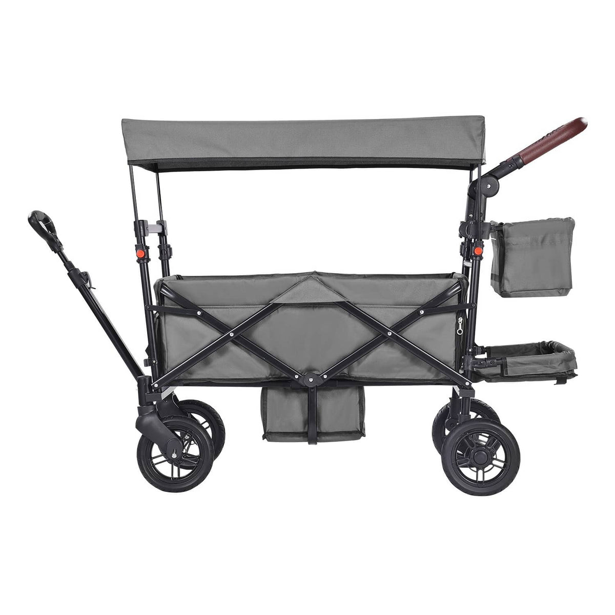 Double wagon stroller with dark gray canopy, two seats, and front storage pockets