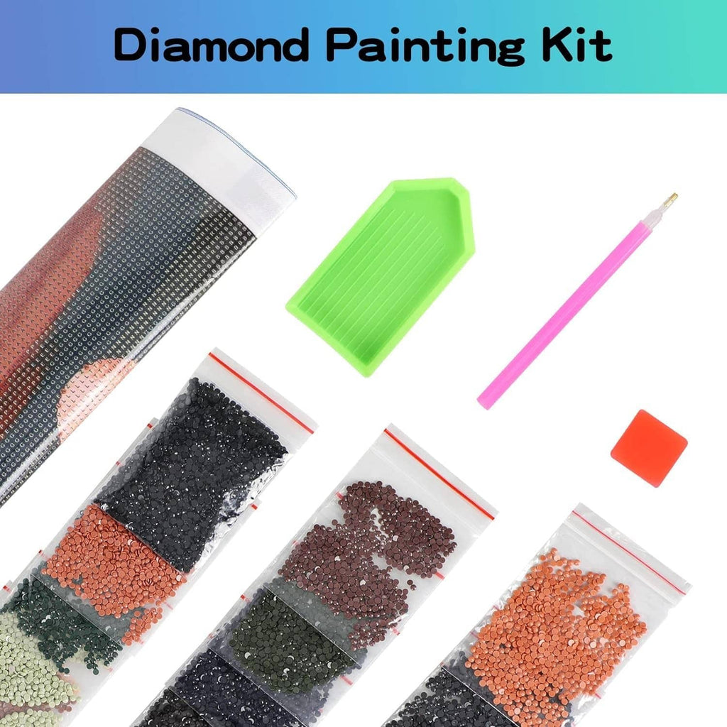 Diamond painting kit supplies with diamond bags, green tray, and pink applicator pen
