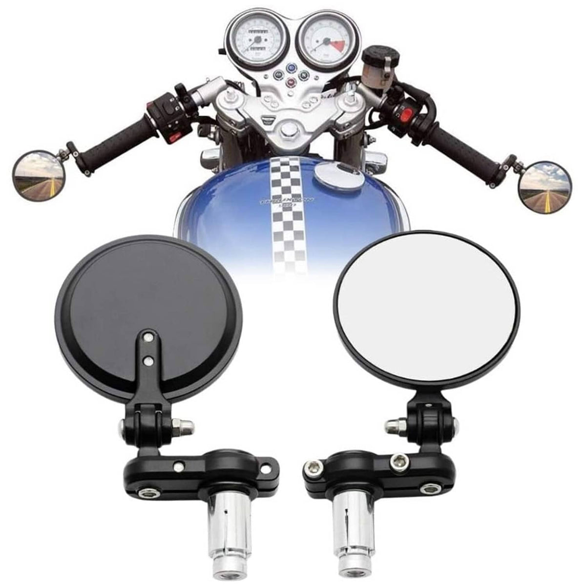 Set of two round motorcycle mirrors with black clamp mounts and chrome stems