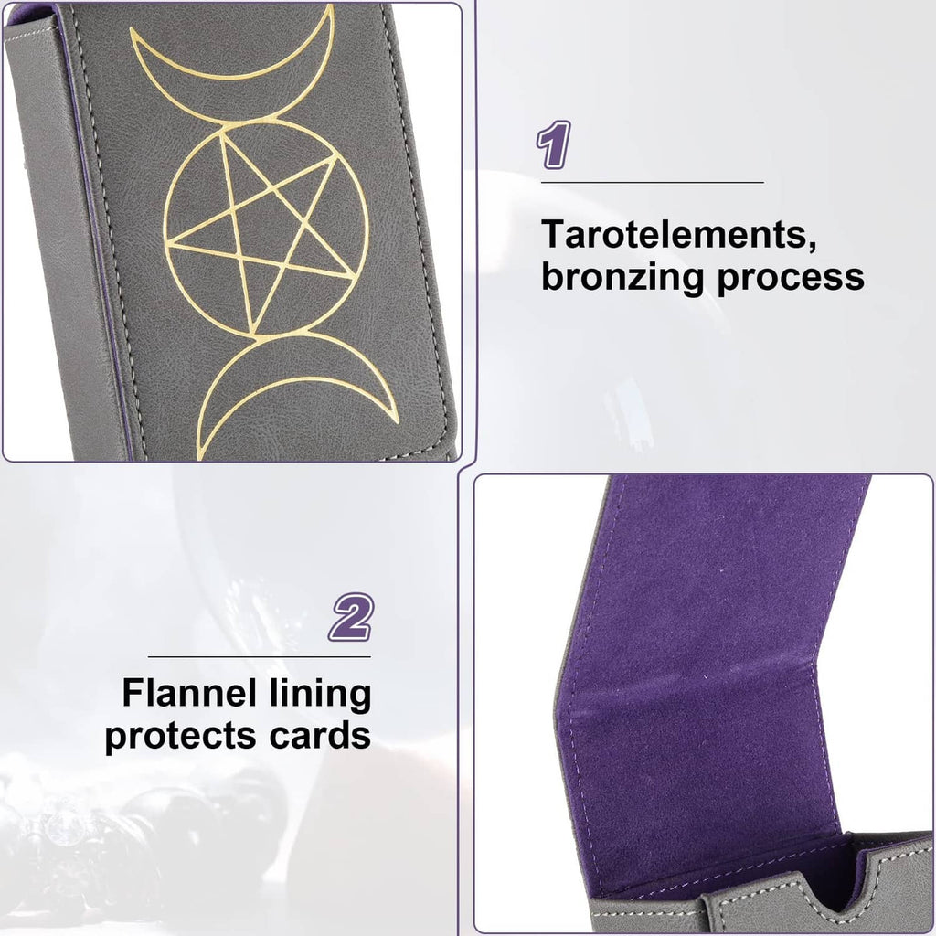 Gray tarot card case with gold geometric design and purple flannel lining