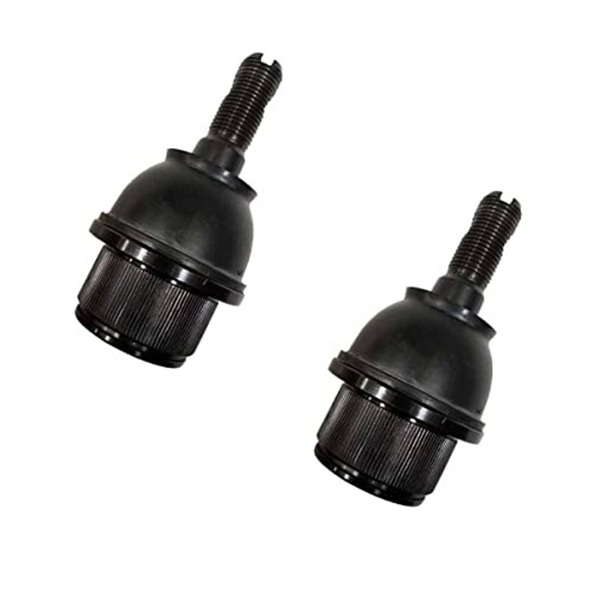 Two front ball joints with black rubber boots and threaded mounting studs