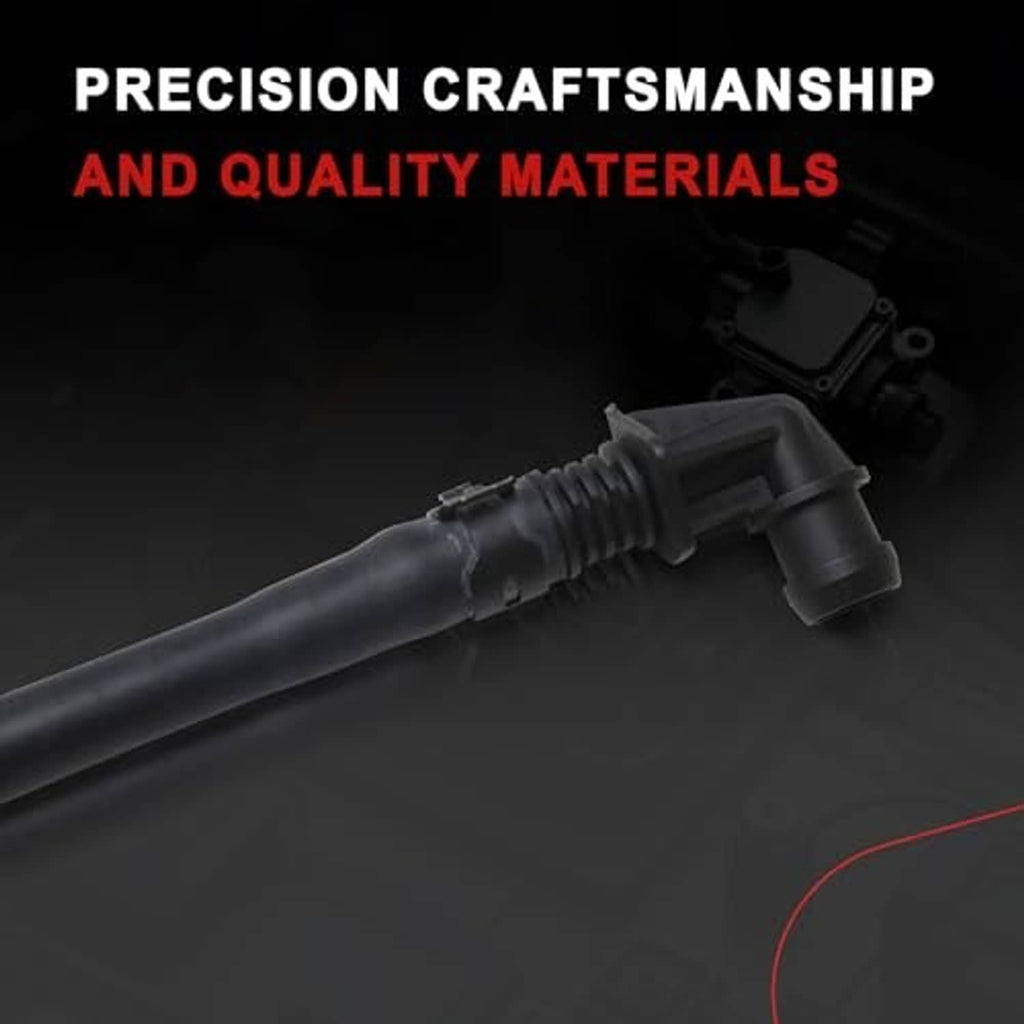Black engine ventilation hose pipe with connector junction and ribbed rubber segment