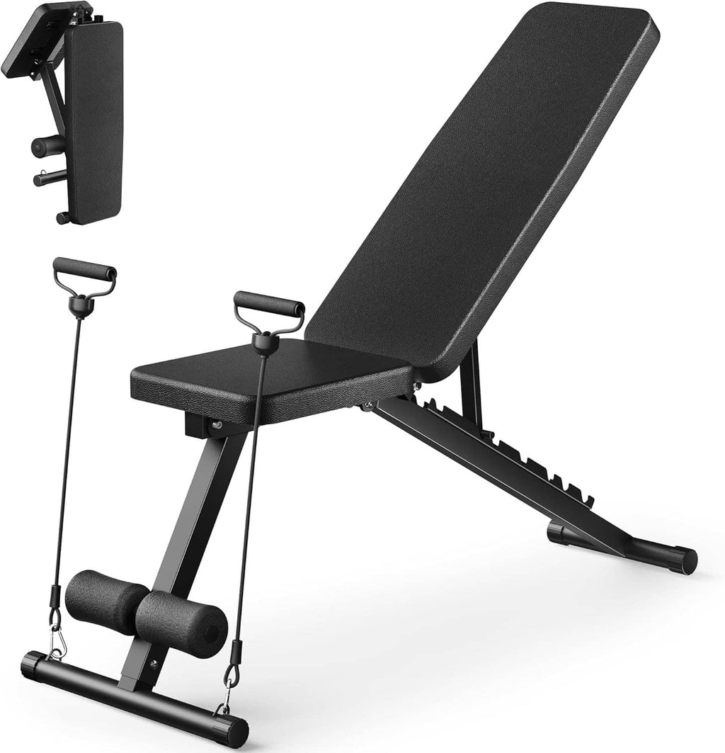 Adjustable weight bench with dark padded seat and backrest, foldable incline frame