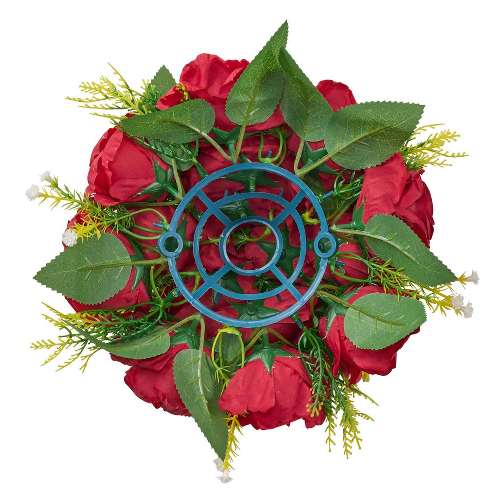 Artificial flower ball with red roses, green leaves, yellow sprigs, and blue ring