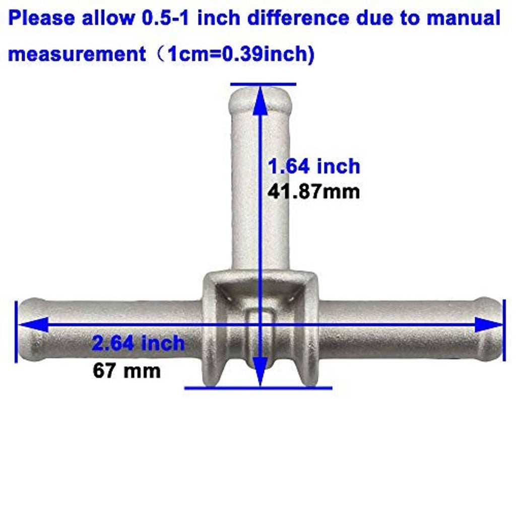 Aluminum coolant hose T-fitting coupler with three-way barbs and blue measurement lines
