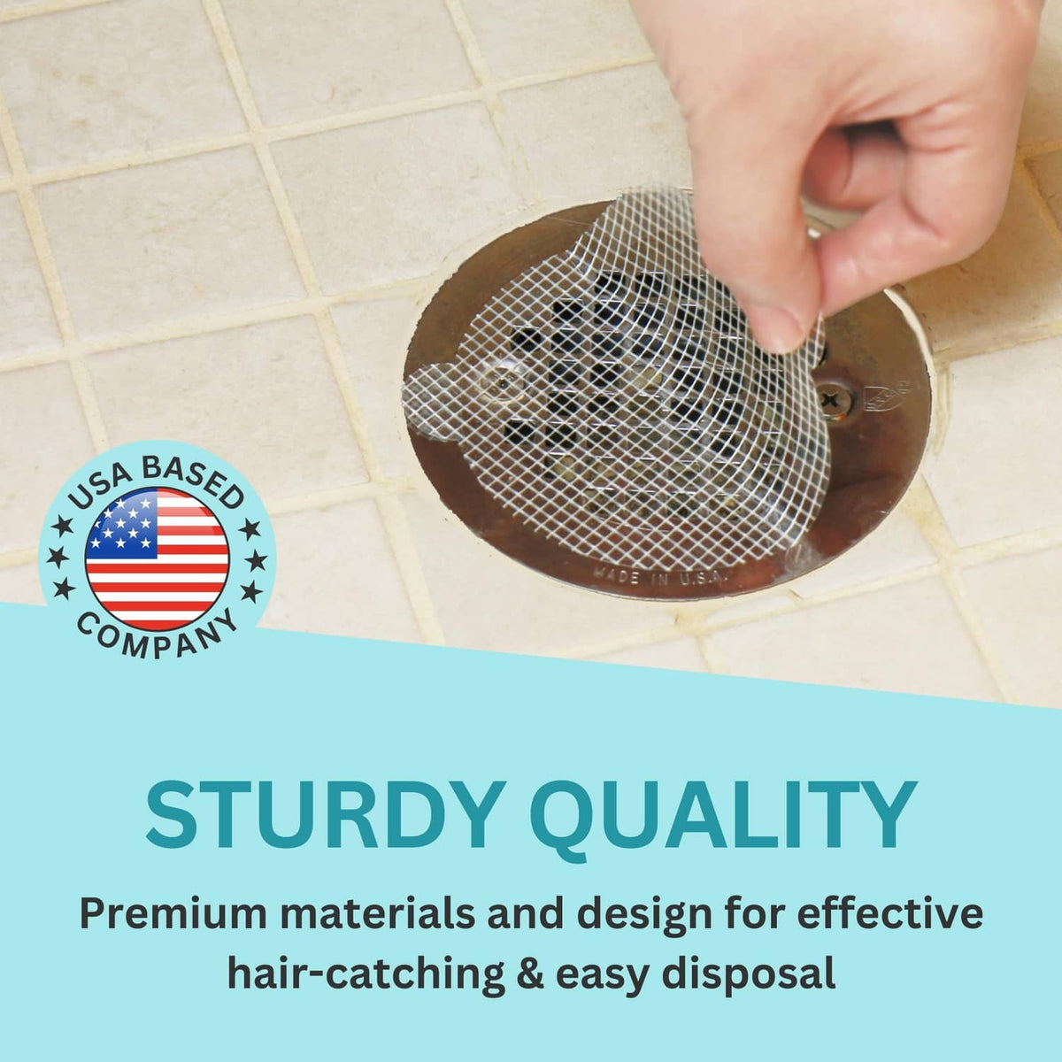 White mesh hair catcher placed over a circular shower drain with hands adjusting it