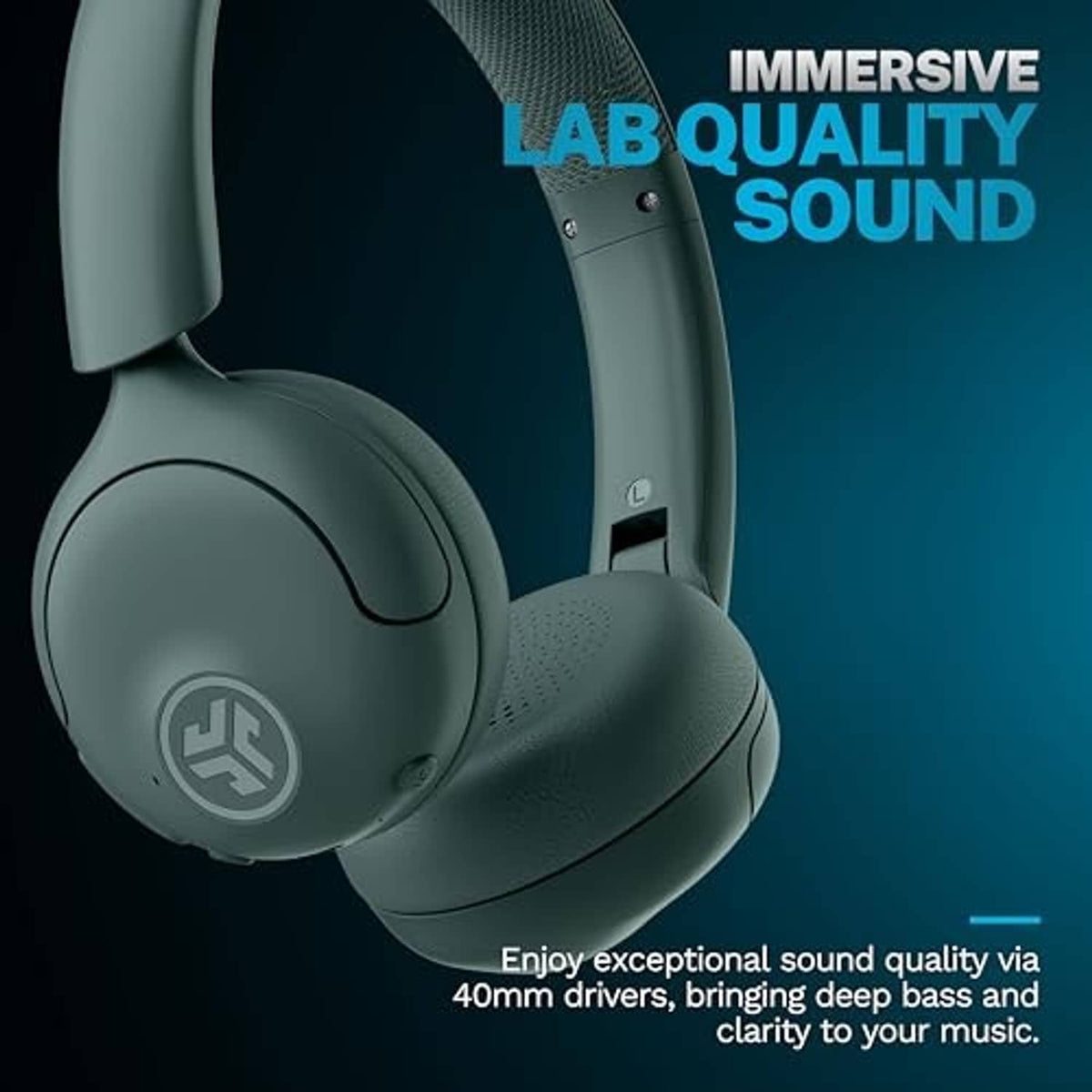 Sage green on-ear wireless headphones close-up with left-side control buttons