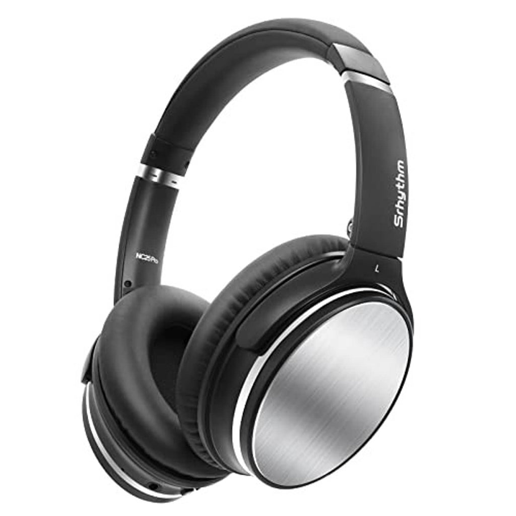 Black over-ear wireless headphones with brushed silver inner ear pad detail