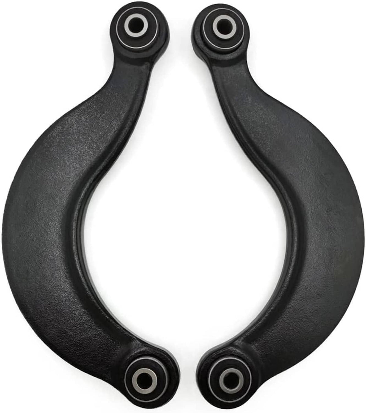 Two-piece rear suspension control arm set with rubber bushings