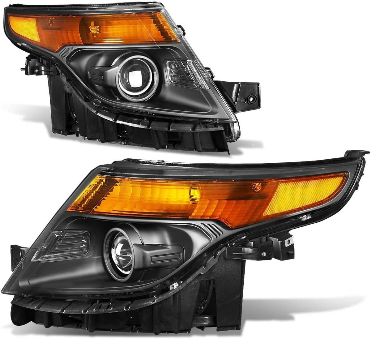 Front halogen projector headlight pair with clear lenses and amber reflector, black housing