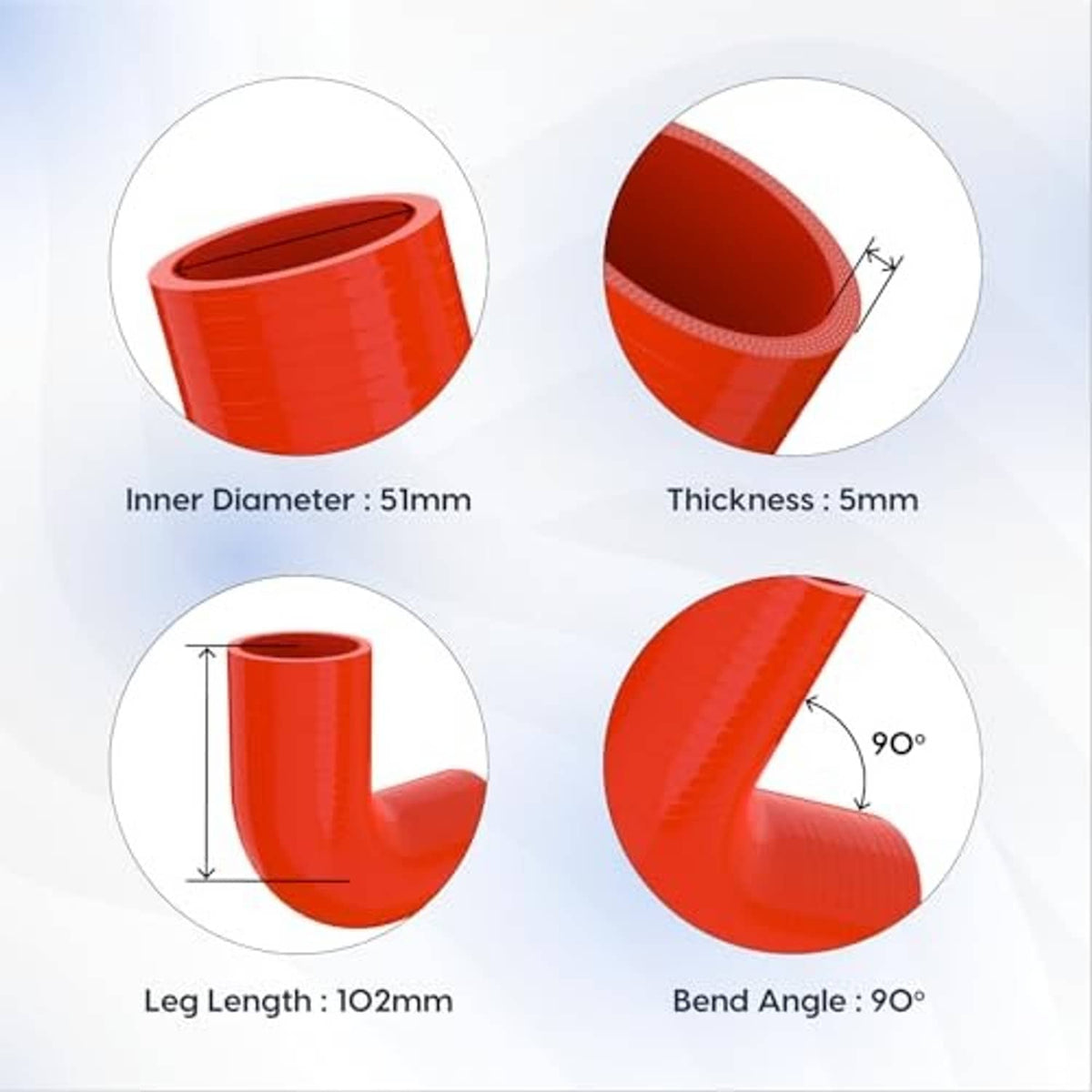 Orange 90° elbow silicone hose coupler, 51mm inner diameter, 5mm thick, 90° bend.