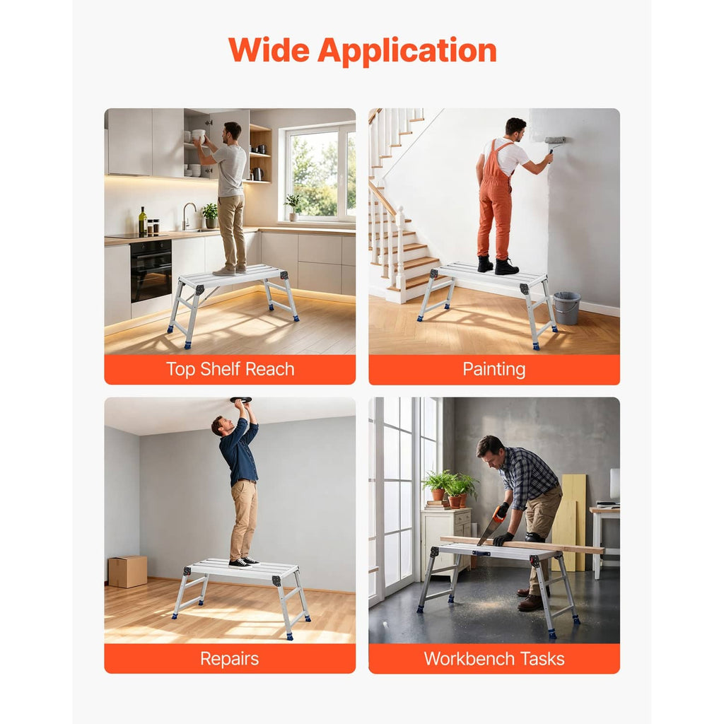 Folding work platform for home tasks, aluminum frame with blue stabilizers