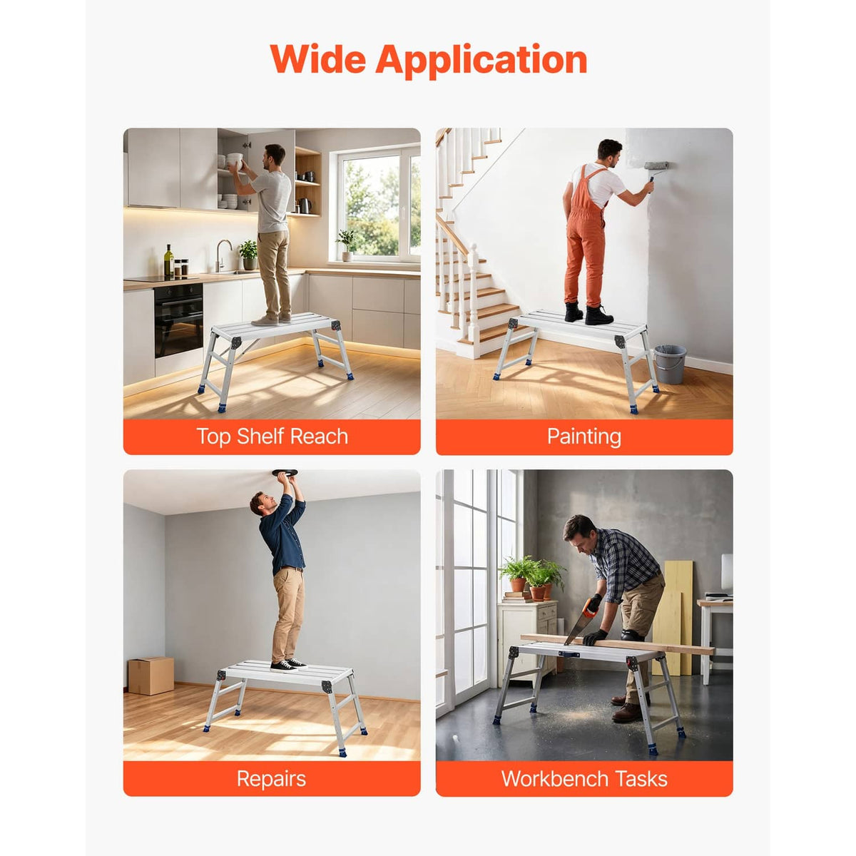 Folding work platform for home tasks, aluminum frame with blue stabilizers