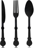 Black wooden knife, fork, and spoon wall decor set, three utensil cutouts.