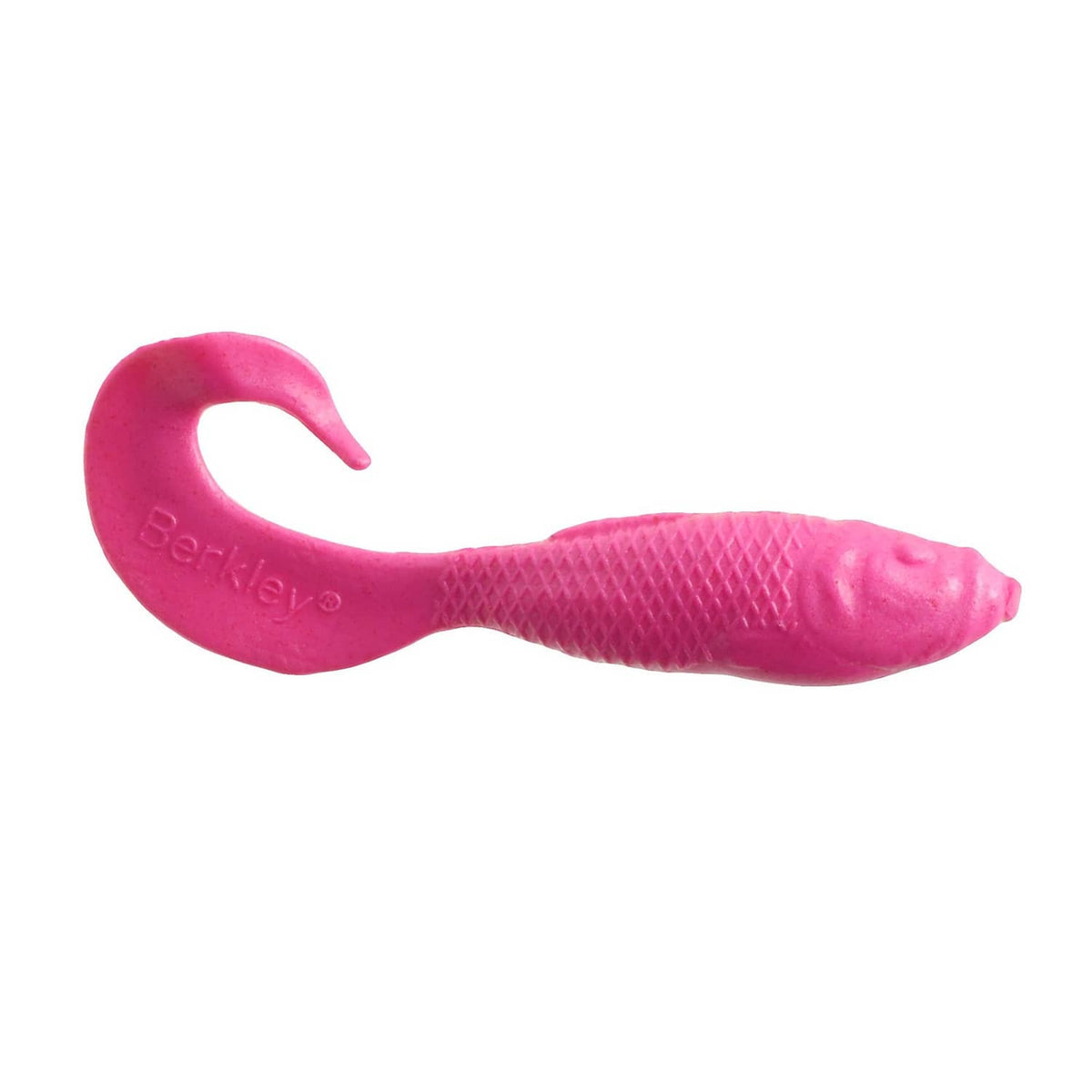 Pink realistic soft fishing bait worm with textured body and curled tail