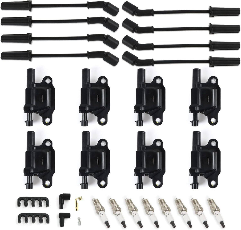 Ignition coils with black wire harness and spark plugs, plus mounting clips