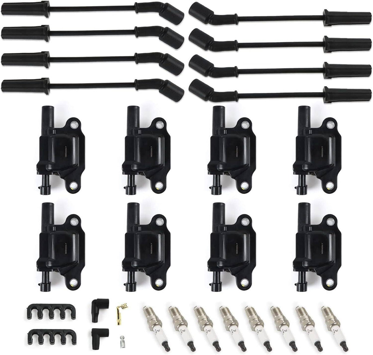 Ignition coils with black wire harness and spark plugs, plus mounting clips