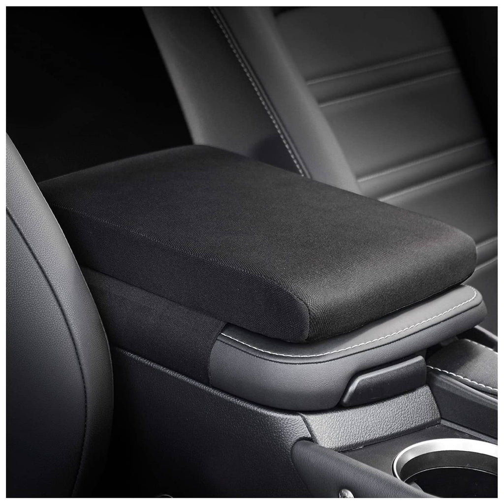 Black memory foam center console cover pad with rounded armrest-style shape