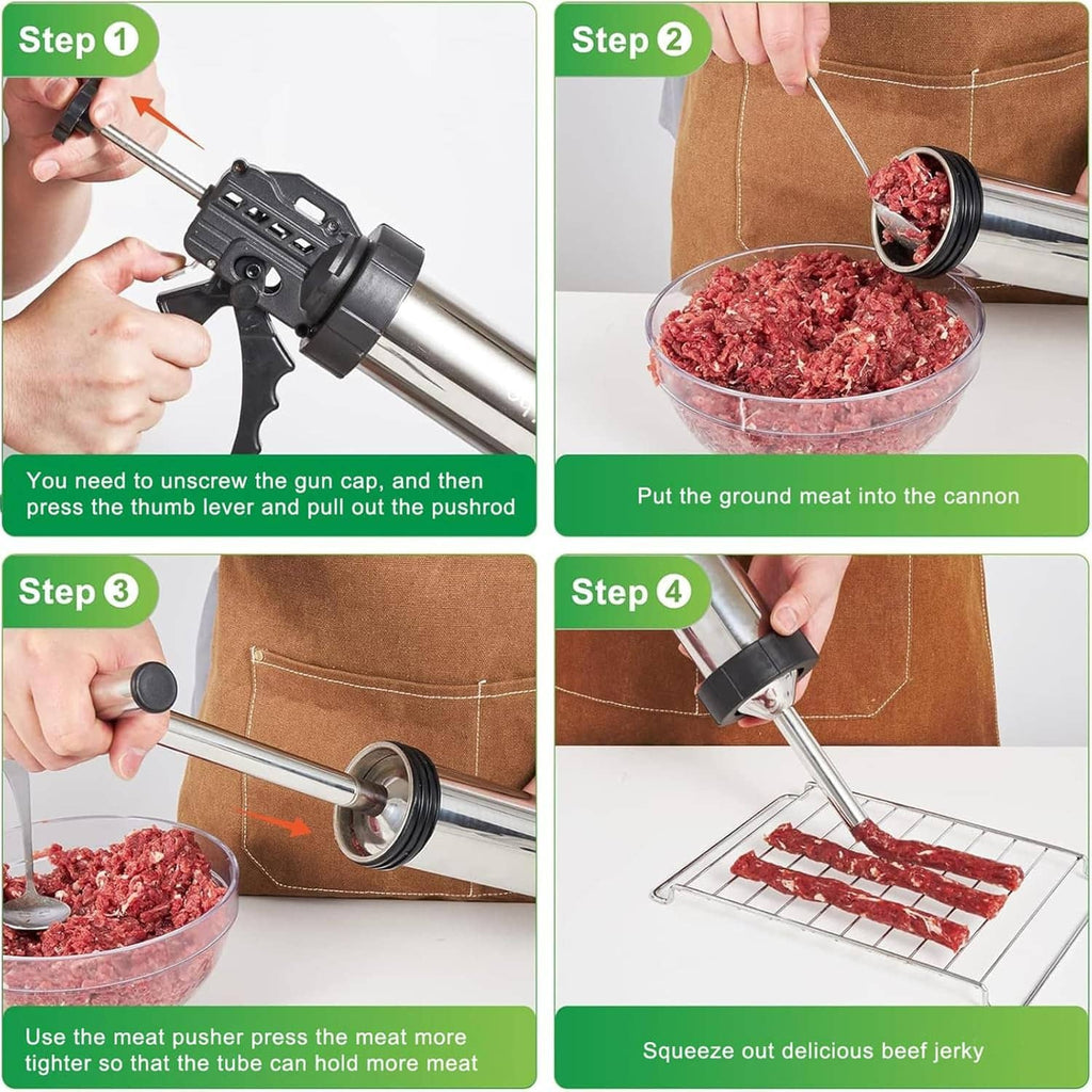 Jerky cannon jerky maker kit with hand steps and stainless meat pusher nozzles