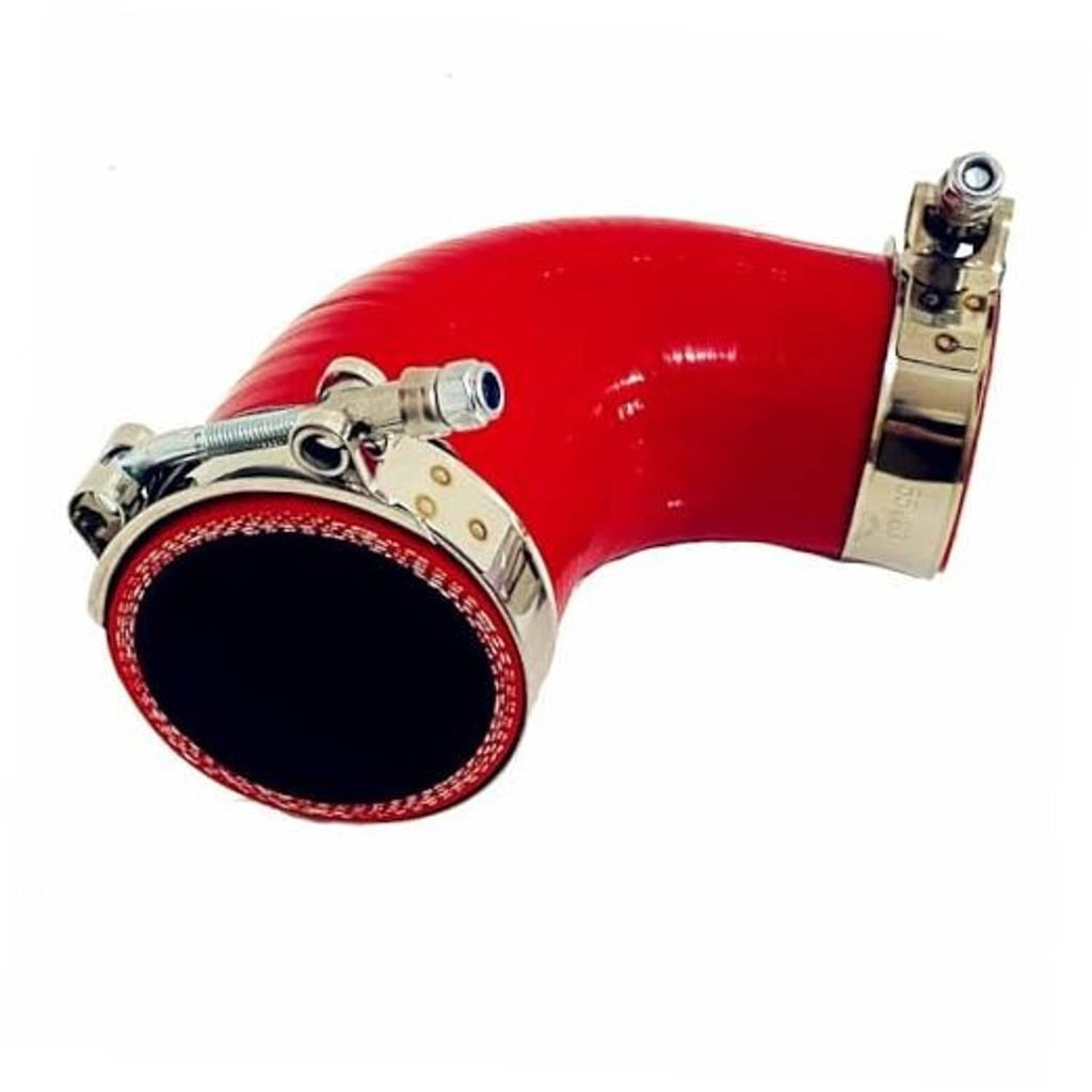 Red 90-degree silicone hose reducer with metal clamps, 2 in to 2.5 in