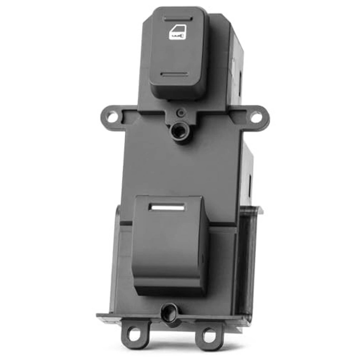 Power window switch three-quarter view with window icon top button, black plastic.