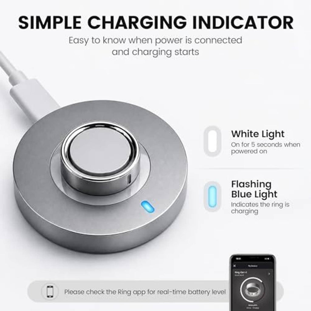 Smart ring charging dock with blue charging indicator and USB-C cable, gray base