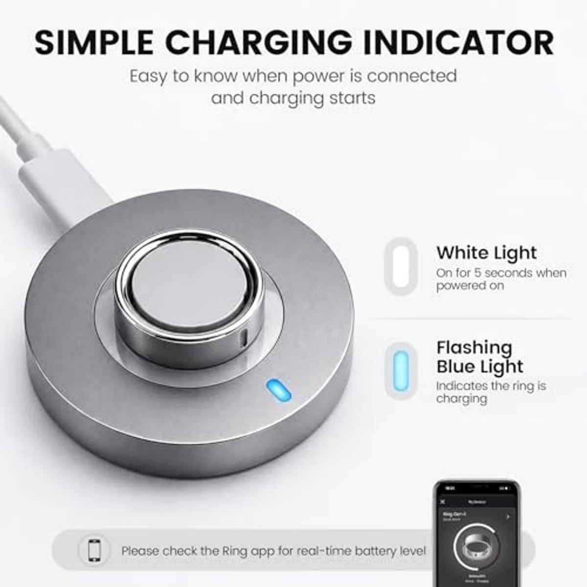 Smart ring charging dock with blue charging indicator and USB-C cable, gray base