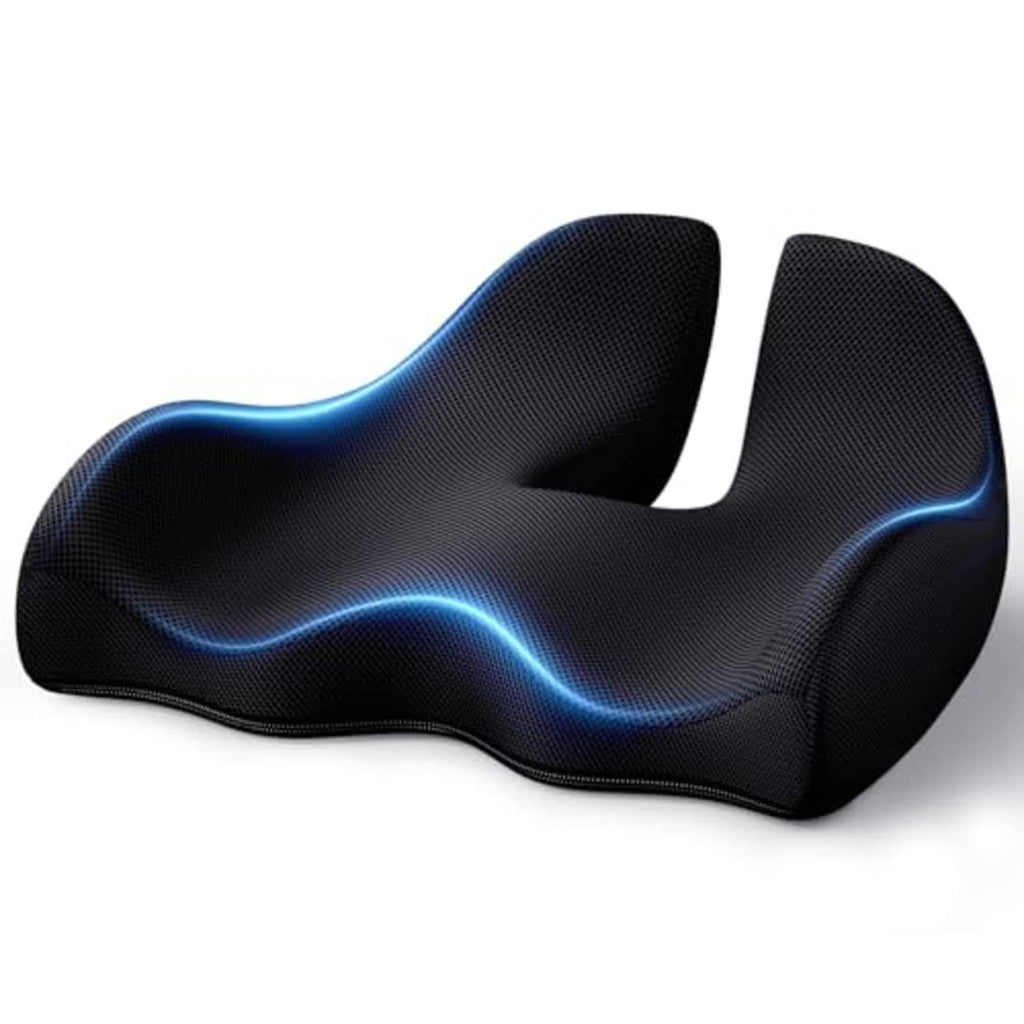 Black memory foam coccyx seat cushion with contoured channel and breathable fabric cover