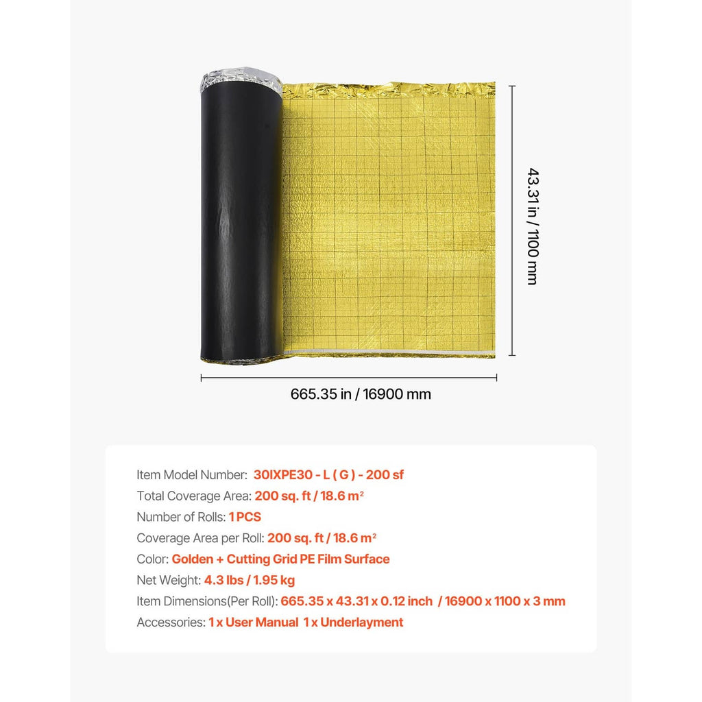 Gold vapor barrier floor underlayment roll with black core, grid-pattern surface