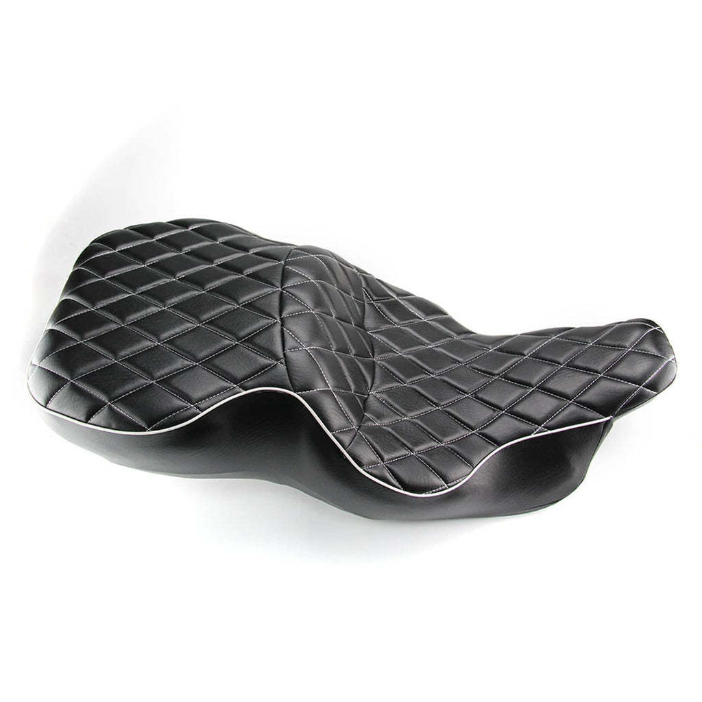 Motorcycle seat in black with diamond quilting, contoured rider pad and white piping