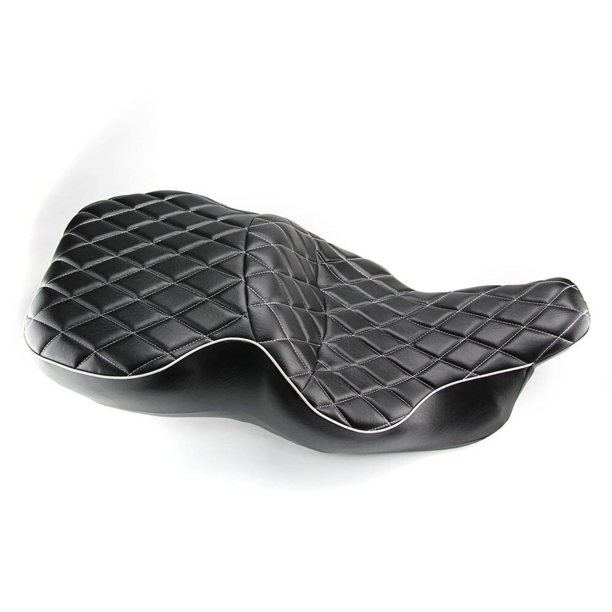 Motorcycle seat in black with diamond quilting, contoured rider pad and white piping