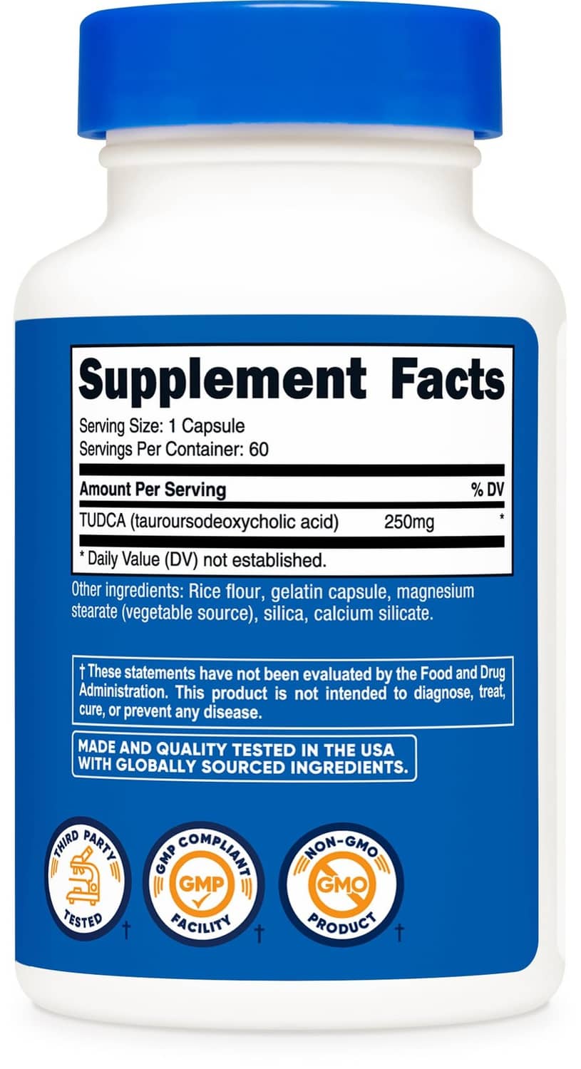 Supplement Facts panel on TUDCA bottle with serving size and ingredients list