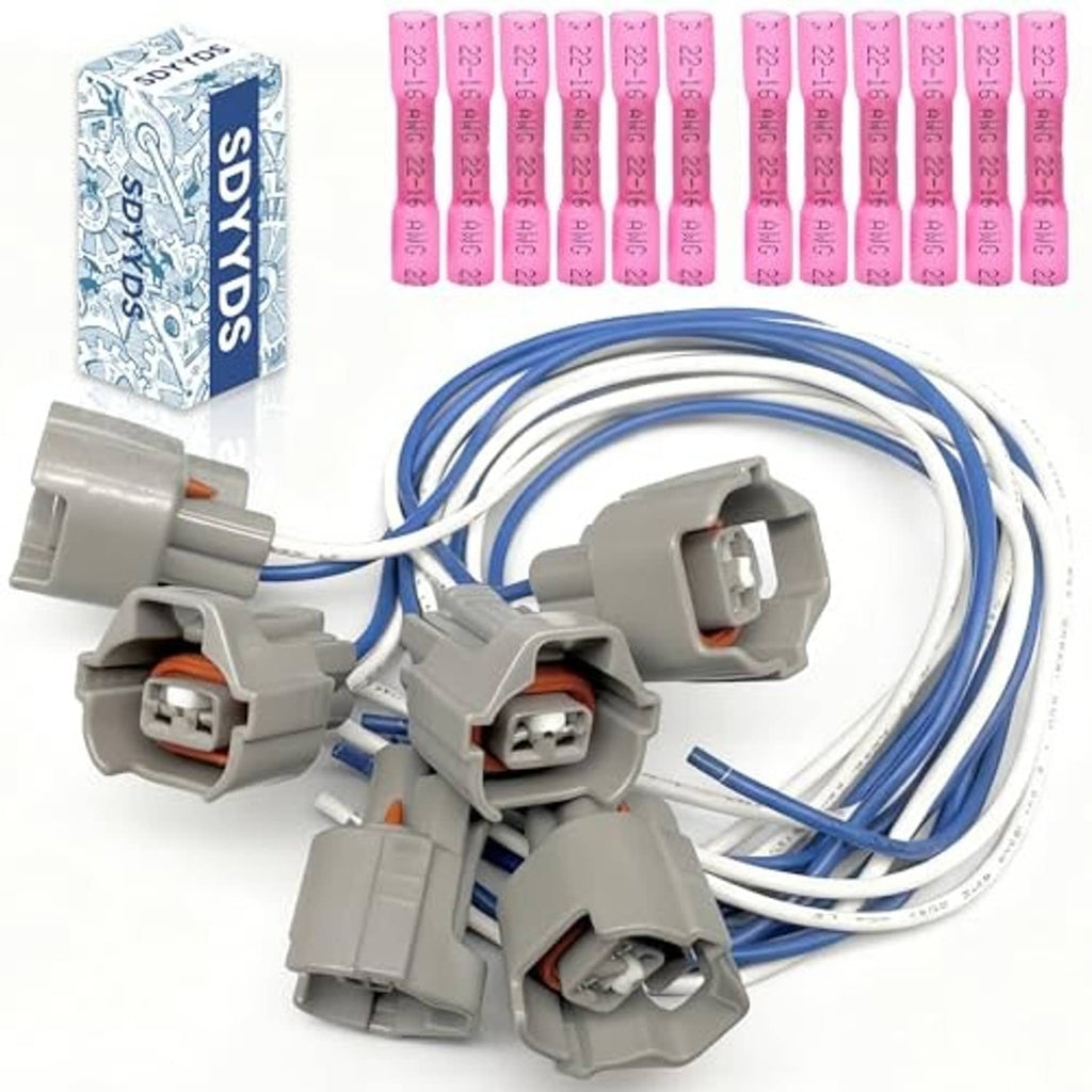 Fuel injector connector wiring harness with six gray plugs, blue wires, and pink label sleeves