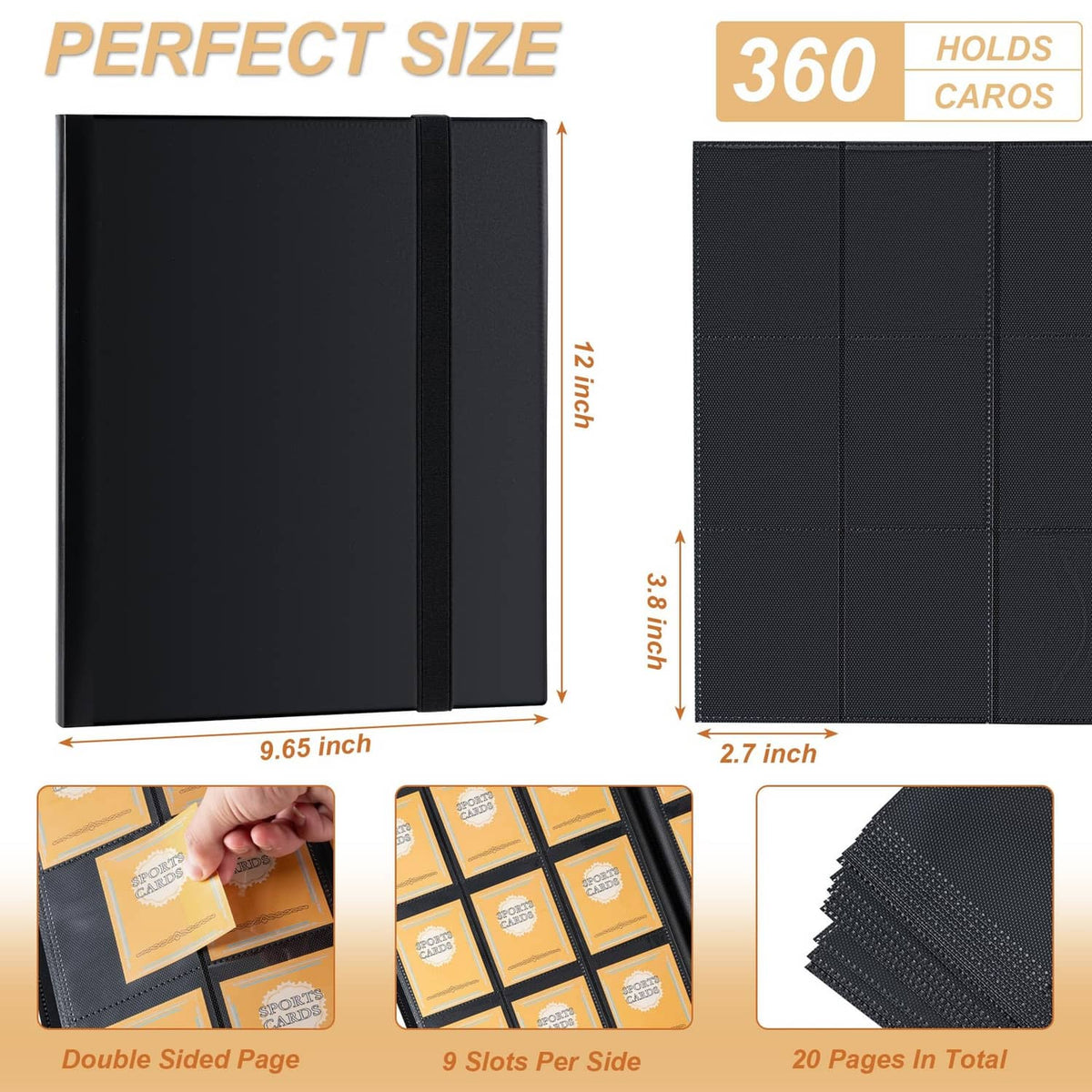 Black card binder with 360 card capacity, open pocket layout and size guide