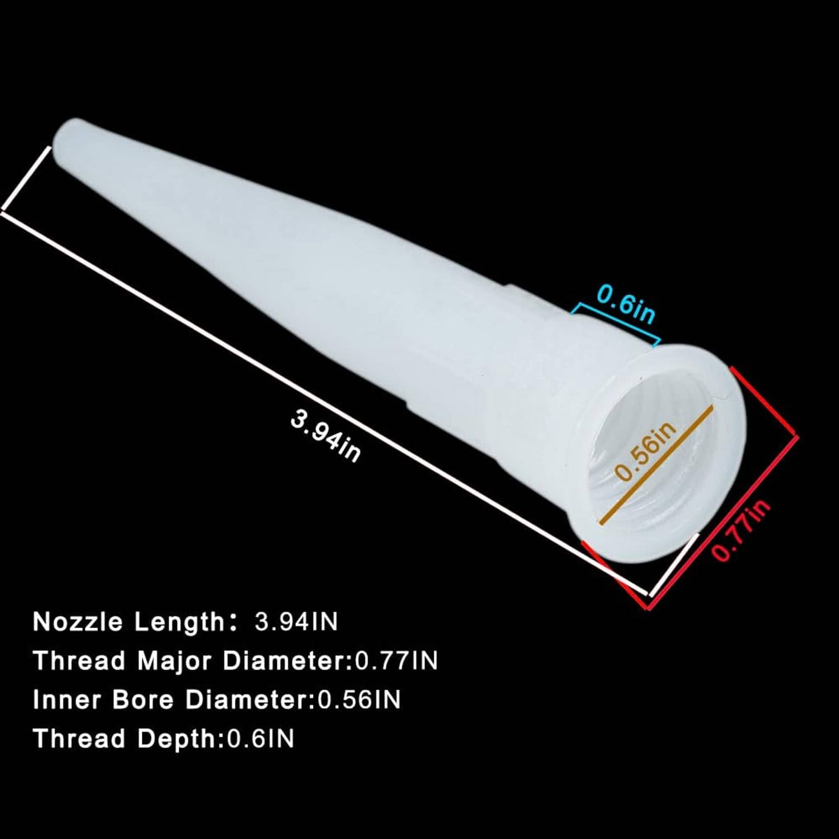 Plastic caulk nozzle tip extender, 3.94 in long with 0.71 in thread size