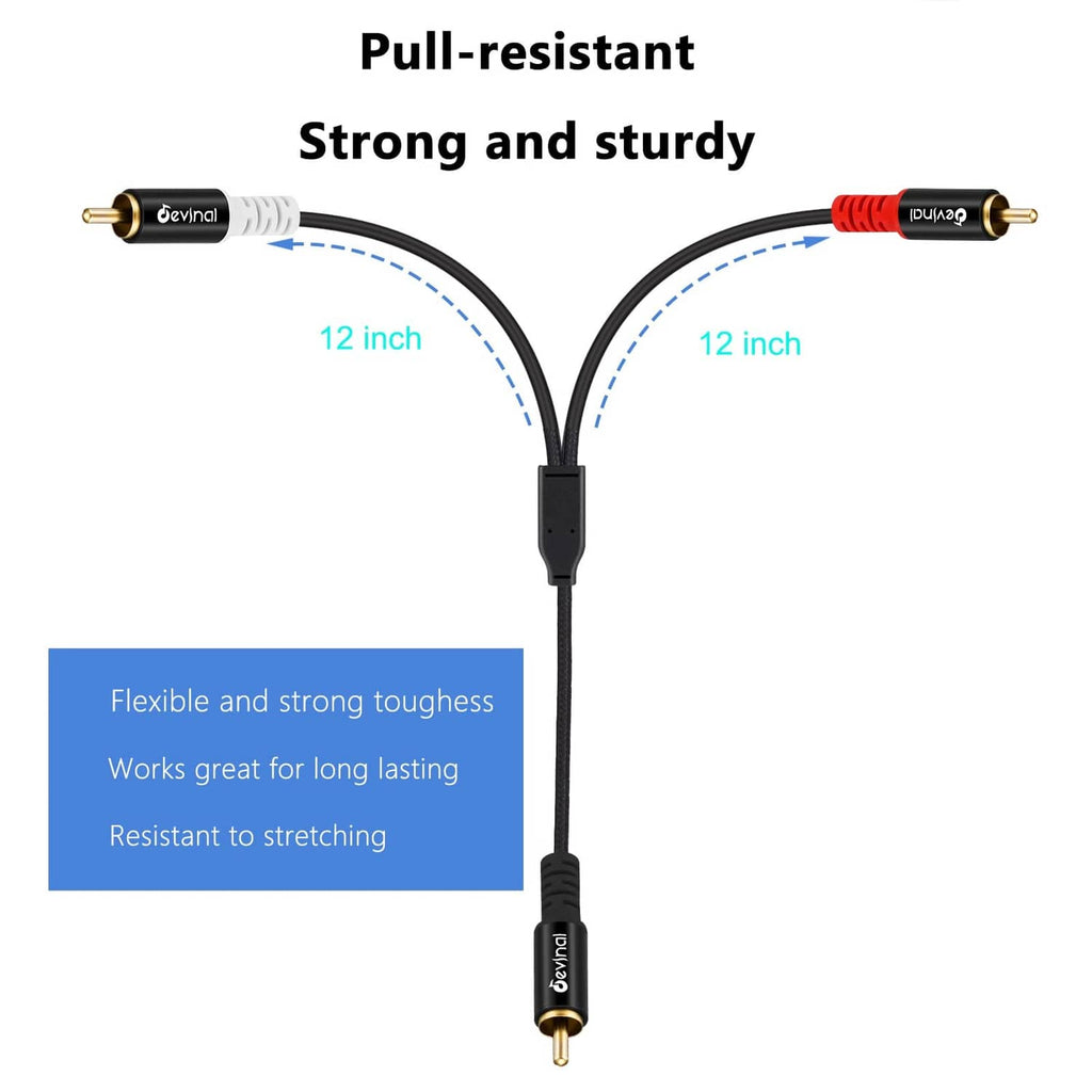 RCA Y-splitter cable with sturdy strain relief and two compact lead lengths