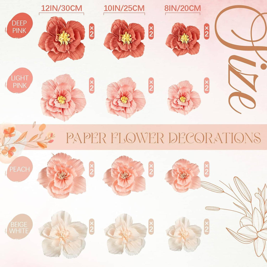 Tissue paper flower set in deep pink, light pink, peach, and beige with cords