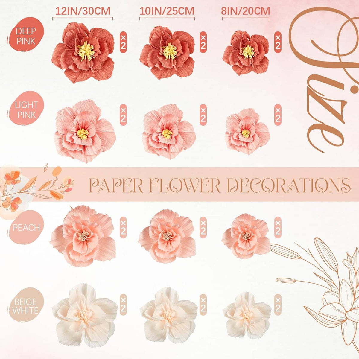 Tissue paper flower set in deep pink, light pink, peach, and beige with cords