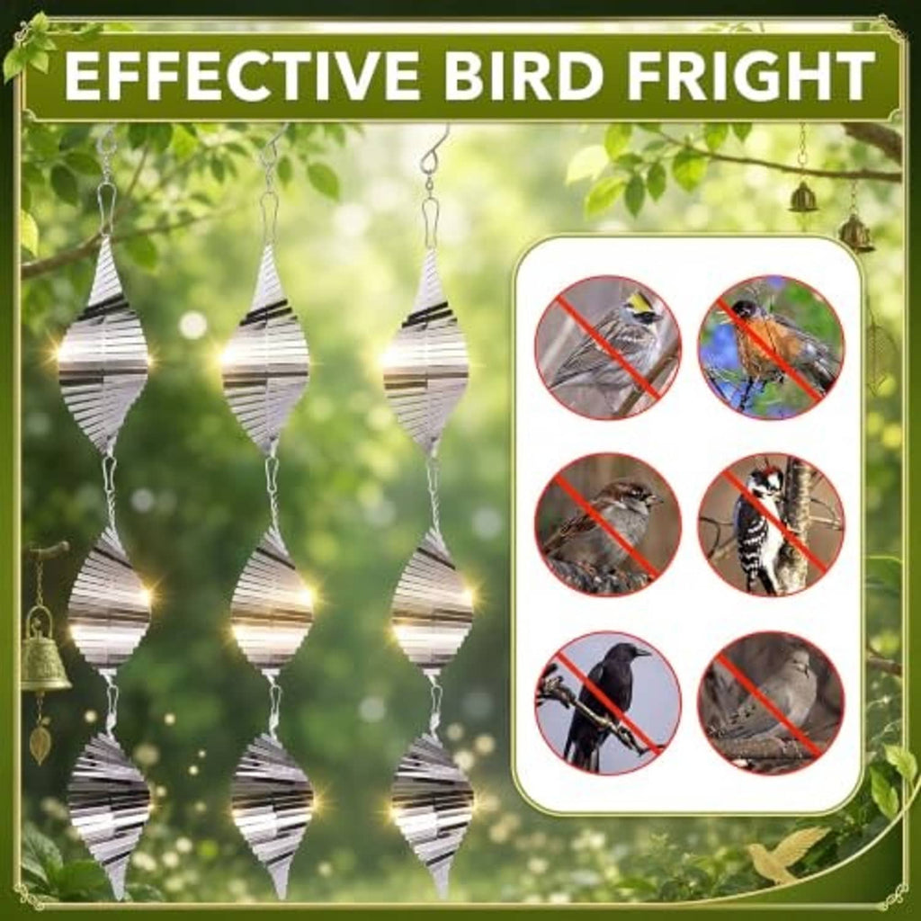 Stainless steel wind spinner bird deterrents with reflective spiral blades